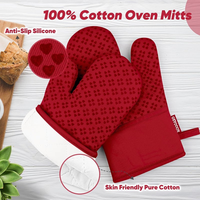 Qevooon Oven Mitts and Pot Holders 4 Sets, Heat Resistant 500 ℉ Oven Mitt and Pot Holder,Oven Glove&Potholders with Non-Slip Silicone Surface,Kitchen Essentials for Cooking/Baking/BBQ-Red - Image 3