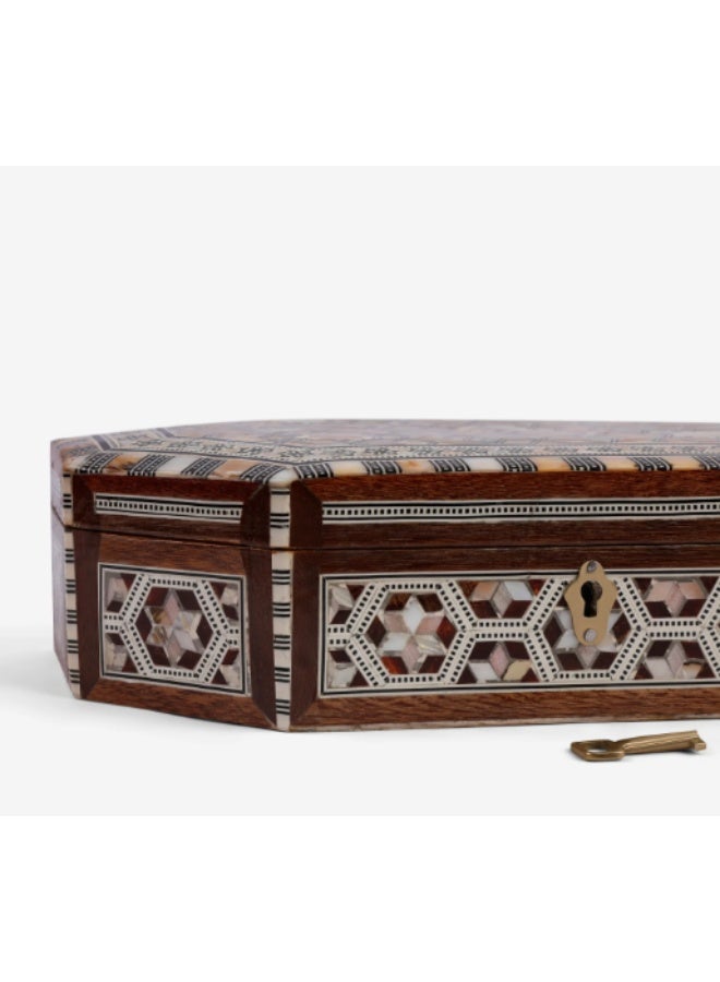 Handmade Octagonal Wooden Jewelry Box with Lock & Key Inlaid with Mother of Pearl, Brown & White - Size 29x19x7 cm - Image 4