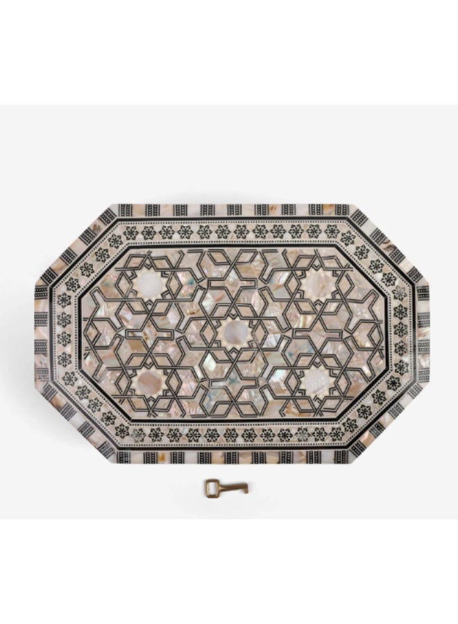 Handmade Octagonal Wooden Jewelry Box with Lock & Key Inlaid with Mother of Pearl, Brown & White - Size 29x19x7 cm - Image 3