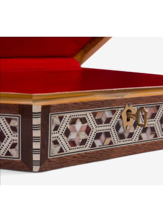Handmade Octagonal Wooden Jewelry Box with Lock & Key Inlaid with Mother of Pearl, Brown & White - Size 29x19x7 cm - Image 5