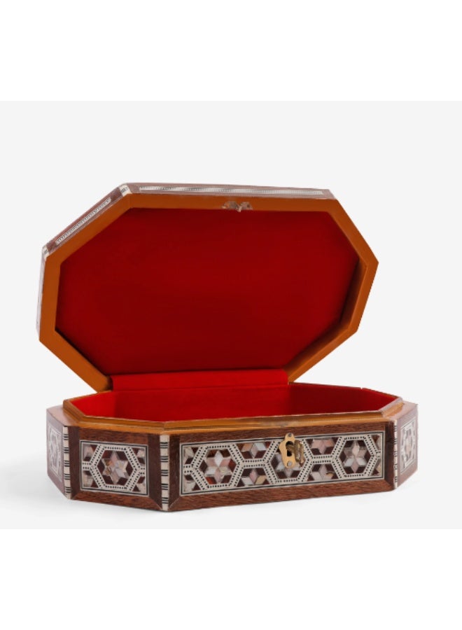 Handmade Octagonal Wooden Jewelry Box with Lock & Key Inlaid with Mother of Pearl, Brown & White - Size 29x19x7 cm - Image 2