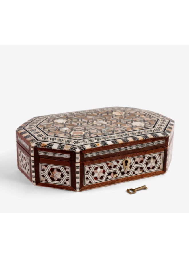 Handmade Octagonal Wooden Jewelry Box with Lock & Key Inlaid with Mother of Pearl, Brown & White - Size 29x19x7 cm - Image 1