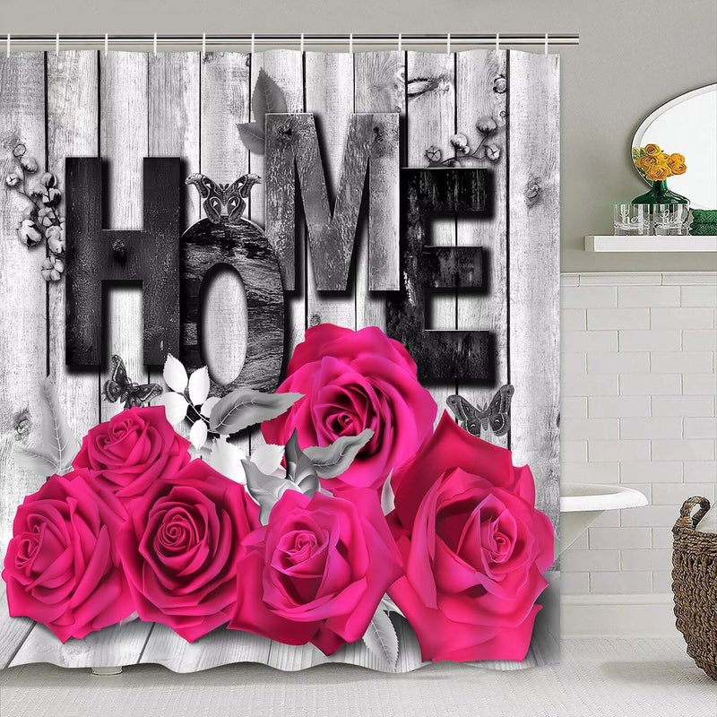 Yddsky Pink Rose Valentines 4 Pcs Shower Curtain Sets Non-Slip Rugs Bath Mat Toilet Cover U Shaped Mat Romantic Pink Bathroom Decor with 12 Hooks Valentines Day Bathroom Set - Image 2