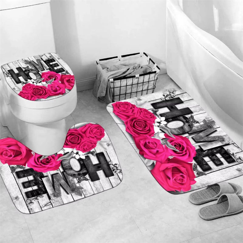 Yddsky Pink Rose Valentines 4 Pcs Shower Curtain Sets Non-Slip Rugs Bath Mat Toilet Cover U Shaped Mat Romantic Pink Bathroom Decor with 12 Hooks Valentines Day Bathroom Set - Image 4
