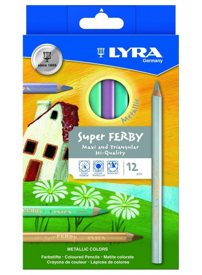Lyra Super Ferby Triangular Metallic Colored Pencils - Set of 12 Metallic Pencils with A 6.25mm Core - Highly Pigmented Colored Pencils for Artists of All Ages - Durable Pencils for Coloring and More