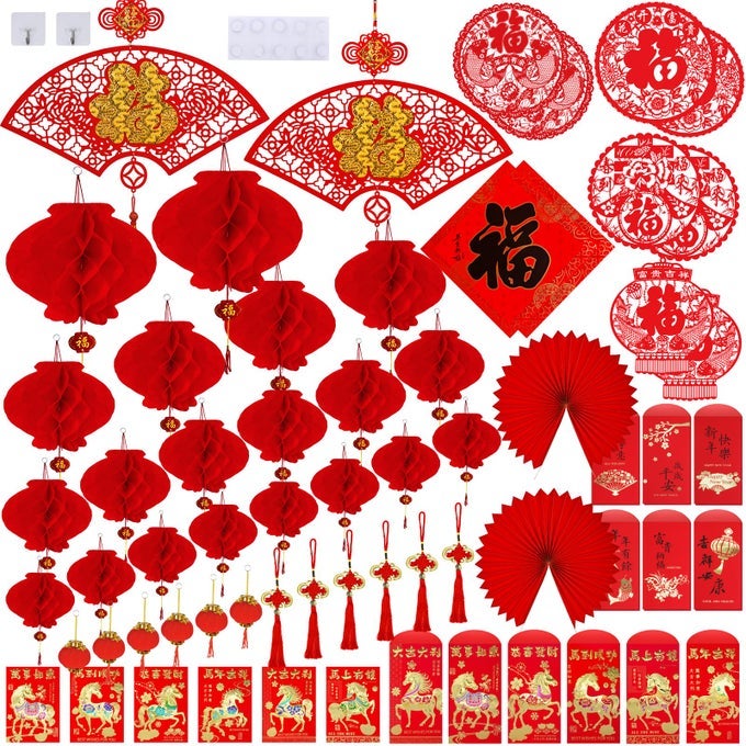 82 PCS CHINESE NEW YEAR DECORATIONS CHINESE HANGING GOOD LUCK ORNAMENTS RED LANTERNS FESTIVE TREE ORNAMENTS PAPER FANS FOR ASIAN CHINESE LUNAR NEW YEAR 2026 YEAR OF THE HORSE PARTY DECOR