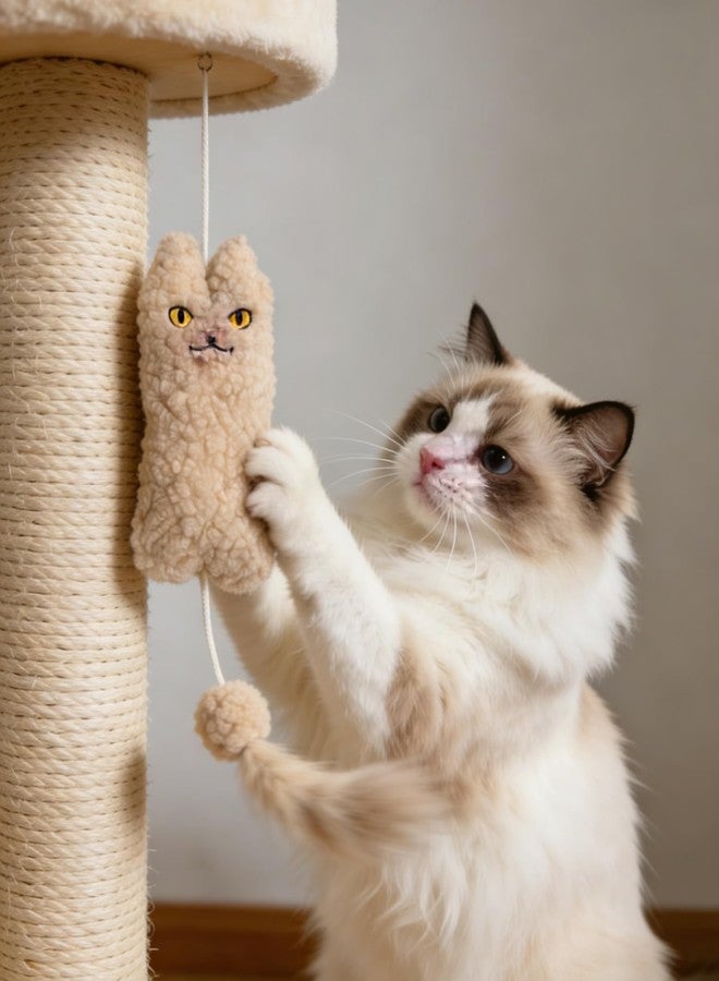 sugee Catnip Filled Plush Cat Toy, Beige Interactive Cat Shaped Toy with Pom Pom Ball and String - Image 3