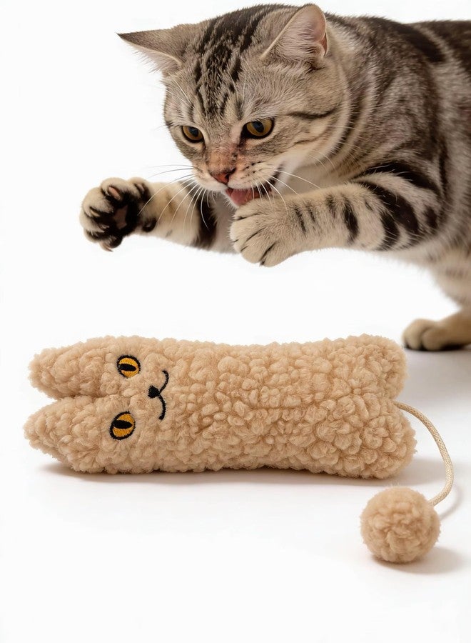 sugee Catnip Filled Plush Cat Toy, Beige Interactive Cat Shaped Toy with Pom Pom Ball and String - Image 2