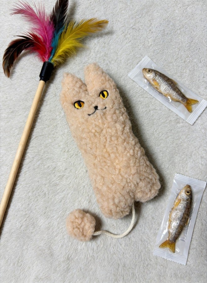sugee Catnip Filled Plush Cat Toy, Beige Interactive Cat Shaped Toy with Pom Pom Ball and String - Image 4