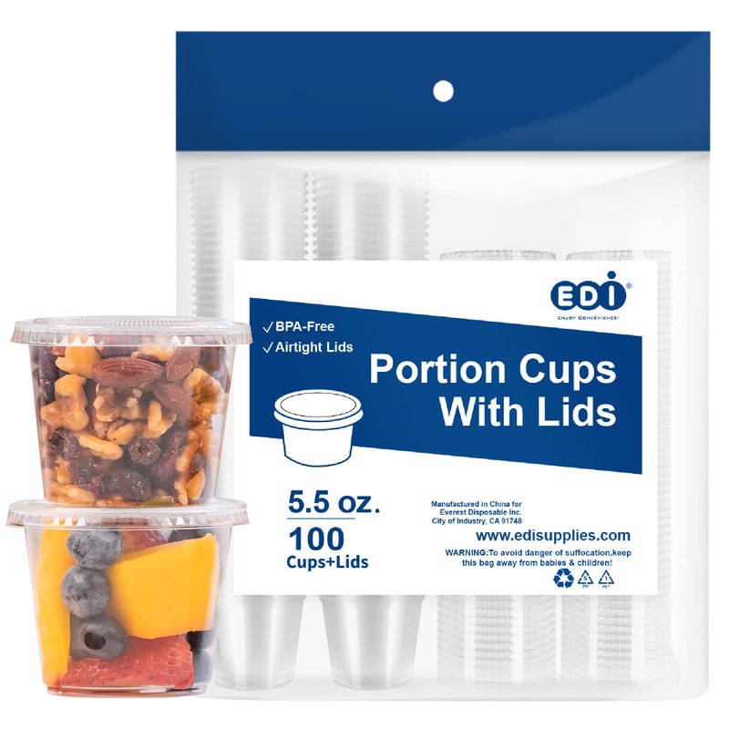 EDI 55 OZ 100 Sets Clear Disposable Plastic Portion Cups with Leakproof Lids  Jello Shot Condiment and Dipping Sauce Cups  Souffle Cups  BPA Free  Recyclable