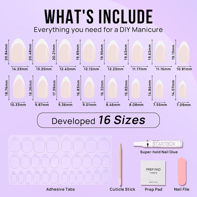 BTArtbox Press On Nails Short - French Tip Press On Nails, Almond Fake Nails White with Nail Glue, Fit Perfectly & Natural Reusable Stick On Nails in 15 Sizes Glue On Nails Kit, White French Simple practical structure - Image 5