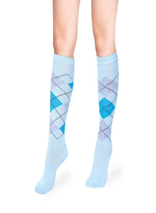 Violet Mist Women's Knee High Argyle Athletic Socks - Cotton Sports Long Tube Socks for Girls, Blue Argyle - Image 1