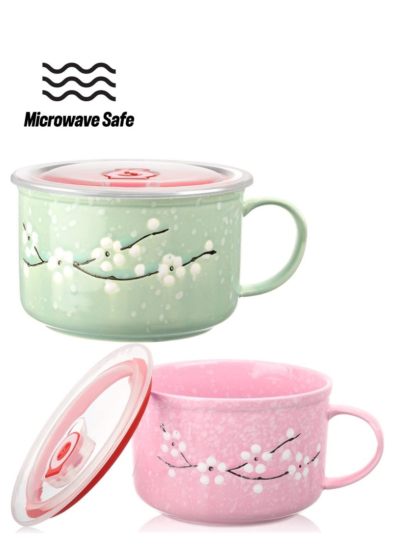 Floral Ceramic Bowl with Lid and Handle 2 PCS Soup Bowls Heat Preservation Instant Noodles Mug Soup Cup Fine Porcelain Sakura Bowl - Image 1