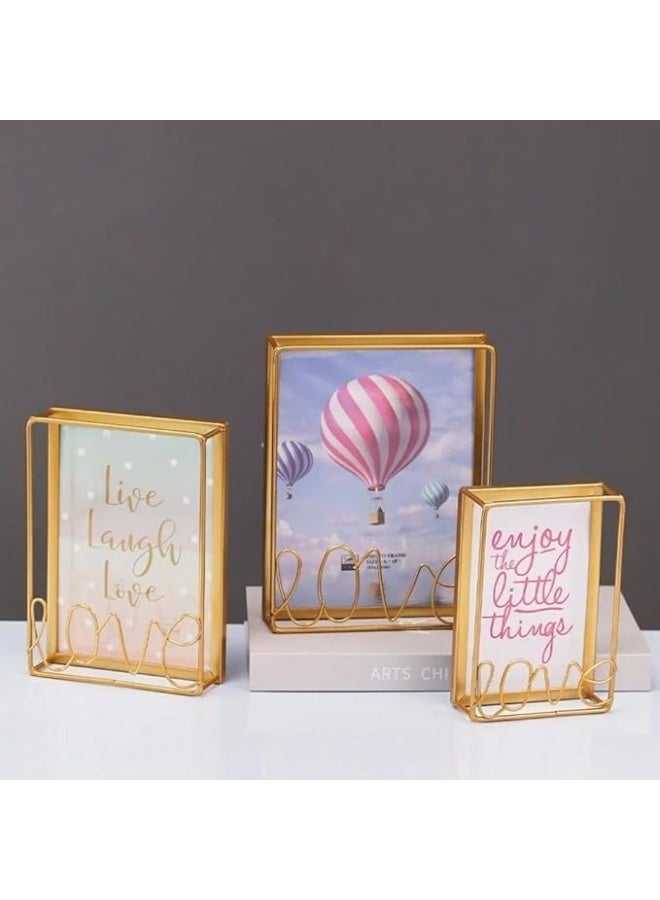 إطار صور معدني ذهبي مزخرف بتصميم "عِش، اضحك، أحب"، مع حامل سلكي - Image 1