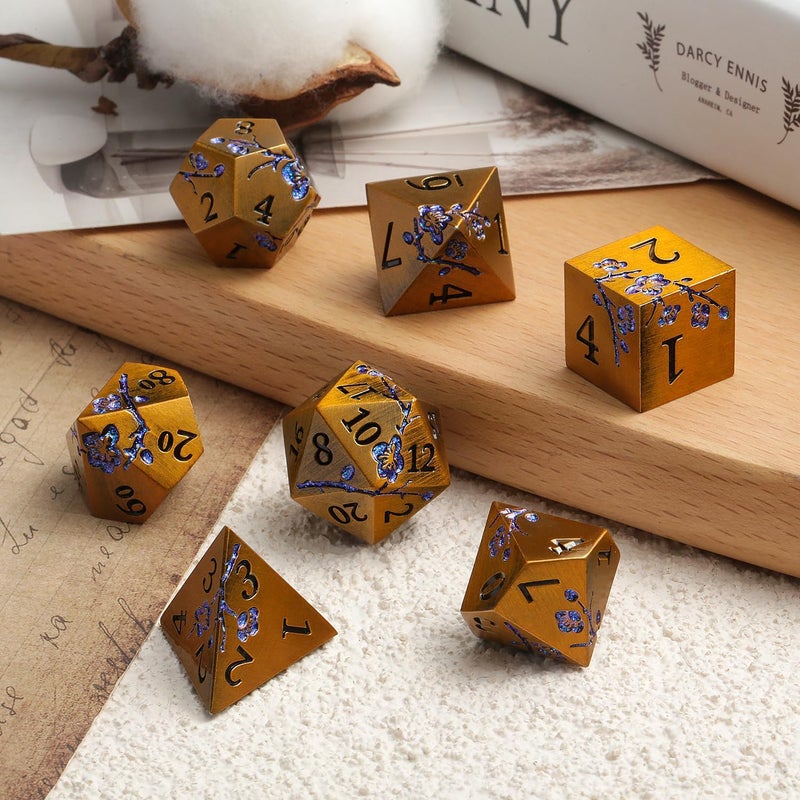 DNDND Metal Dice Flowers, 7 PCS Metallic Dungeons and Dragons Dice Set with Gorgeous Gift Case for DND Dungeons and Dragon Tabletop Game (Ancient Brass with Blue Flowers) - Image 5
