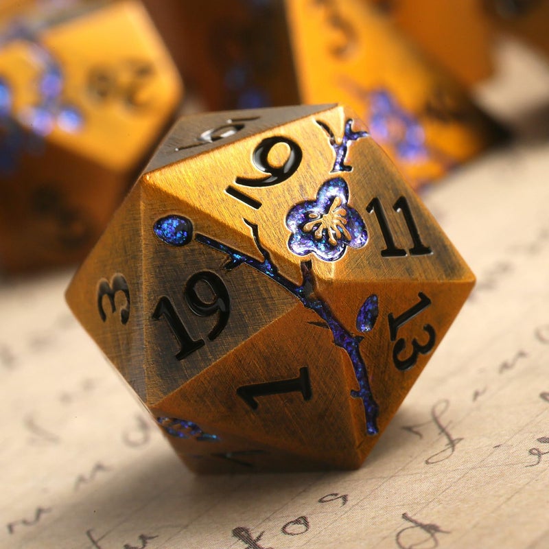 DNDND Metal Dice Flowers, 7 PCS Metallic Dungeons and Dragons Dice Set with Gorgeous Gift Case for DND Dungeons and Dragon Tabletop Game (Ancient Brass with Blue Flowers) - Image 2