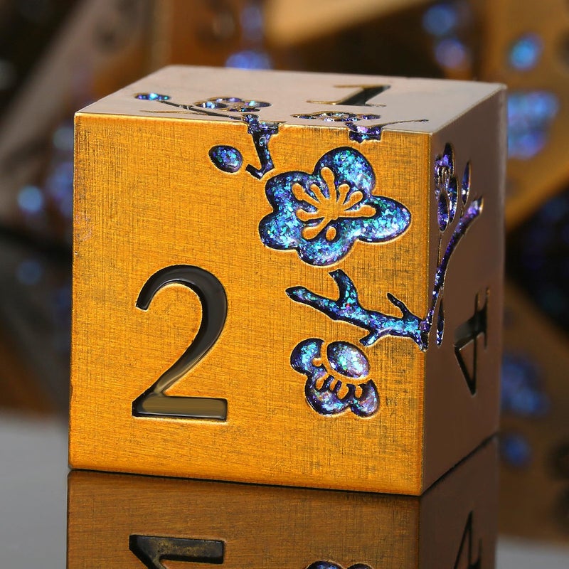 DNDND Metal Dice Flowers, 7 PCS Metallic Dungeons and Dragons Dice Set with Gorgeous Gift Case for DND Dungeons and Dragon Tabletop Game (Ancient Brass with Blue Flowers) - Image 1