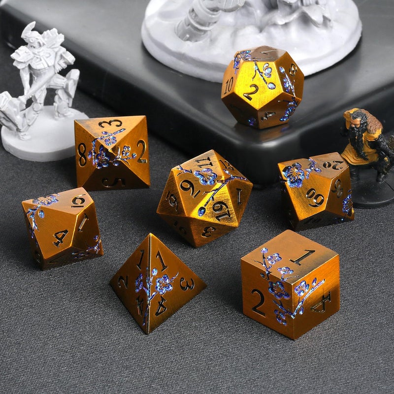 DNDND Metal Dice Flowers, 7 PCS Metallic Dungeons and Dragons Dice Set with Gorgeous Gift Case for DND Dungeons and Dragon Tabletop Game (Ancient Brass with Blue Flowers) - Image 4