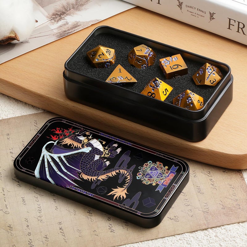DNDND Metal Dice Flowers, 7 PCS Metallic Dungeons and Dragons Dice Set with Gorgeous Gift Case for DND Dungeons and Dragon Tabletop Game (Ancient Brass with Blue Flowers) - Image 3