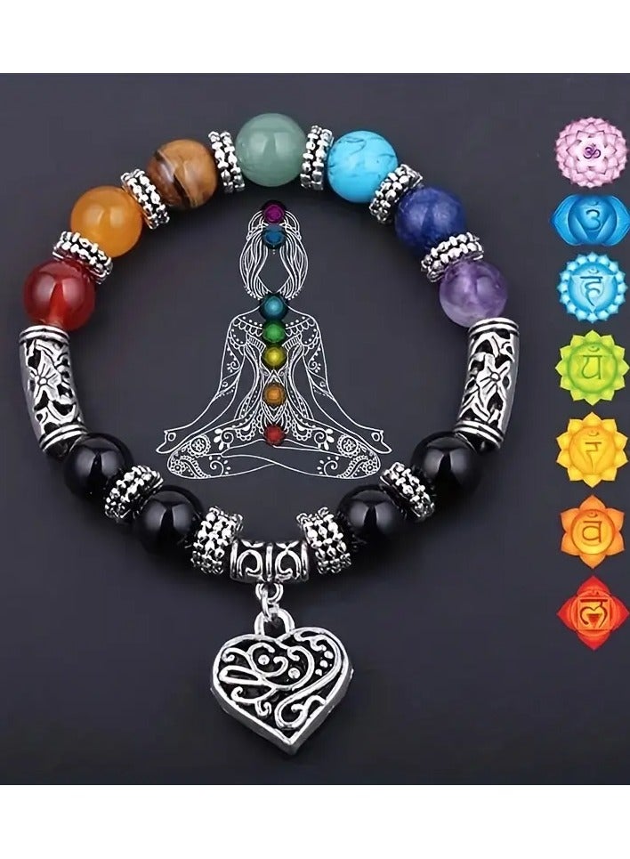 Home Clearance Sale Elegant Vintage Heart-Shaped 7 Chakra Natural Stone Bracelet with Lotus Beads - Ideal for Daily Wear & Gifting, Perfect Valentine's Day Present, for Lotus Flower Jewelry  - Image 1