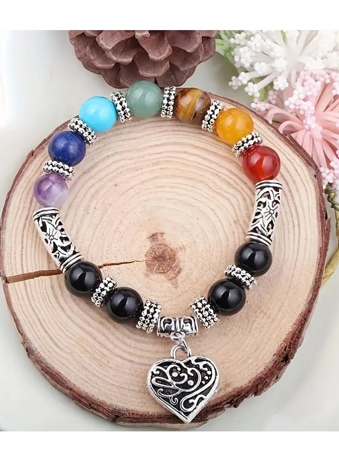 Home Clearance Sale Elegant Vintage Heart-Shaped 7 Chakra Natural Stone Bracelet with Lotus Beads - Ideal for Daily Wear & Gifting, Perfect Valentine's Day Present, for Lotus Flower Jewelry  - Image 5