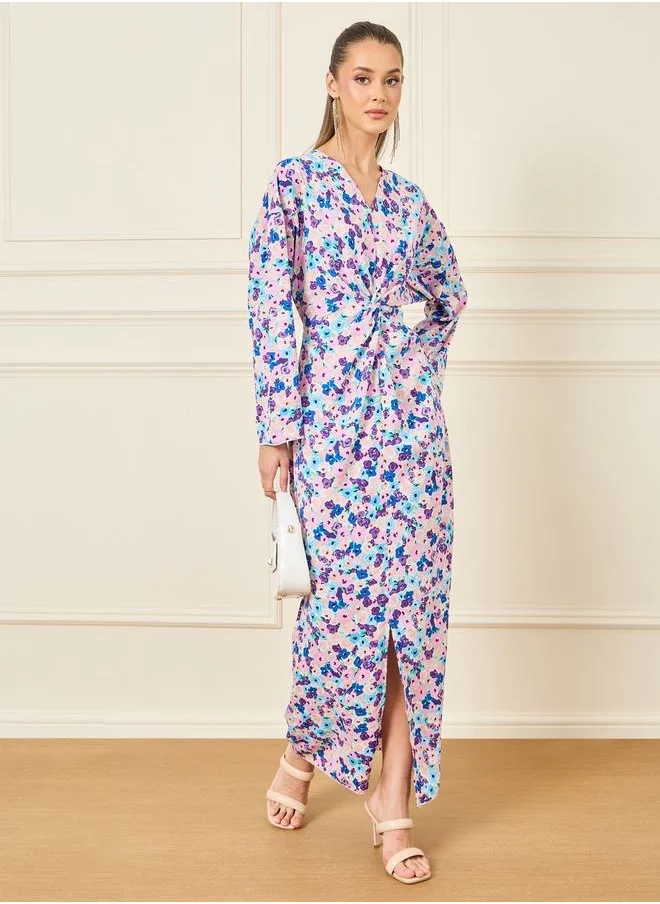 Styli Floral Print Twist Detail Front Slit Maxi Dress