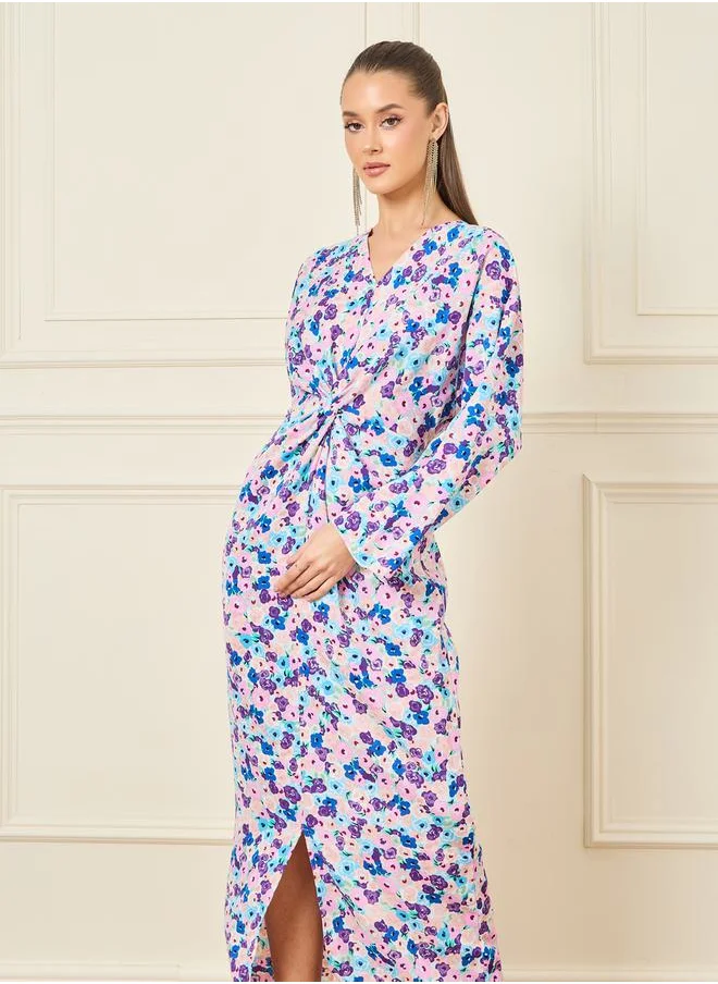Styli Floral Print Twist Detail Front Slit Maxi Dress