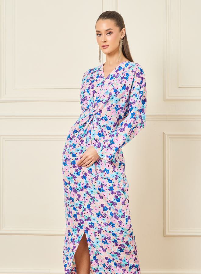 ستايلي فستان طويل بتفاصيل ملفوفة وشق امامي - Image 2