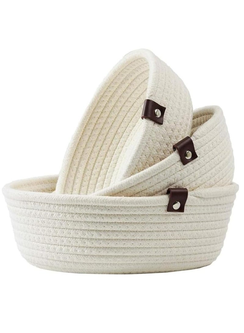 Bukela 3 Pack Woven Basket Set of 3 Cotton Rope Storage Basket Small Round Woven Basket Bins for Shelf Table Living Room Bedroom Playroom Organizing Decor (White) - Image 1