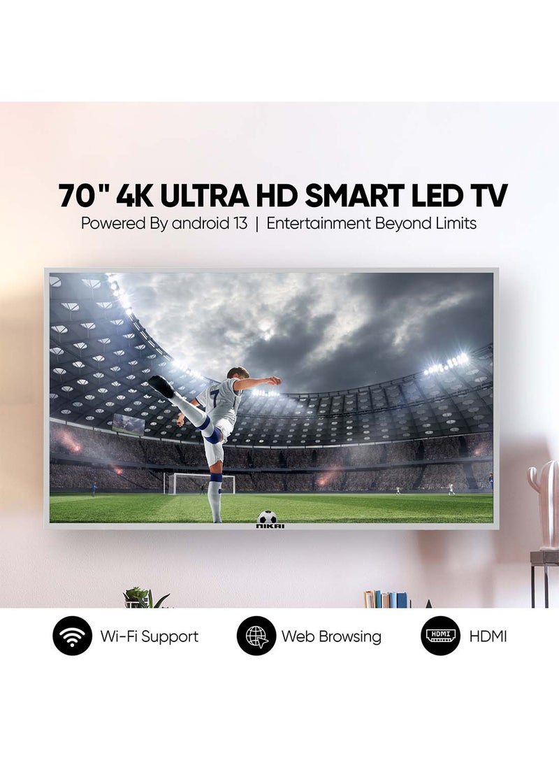 NIKAI 70 Inch Smart LED TV, 60Hz, Frameless Design, Built-In Wi-Fi, Smart Apps Shahid, YouTube, Netflix, Amazon, HDMI And USB Connectivity, Quad-Core, 1.5 GB RAM, 8 GB Memory, Auto Power Off Android 13.0, 2 Year Warranty, UHD70SLED Silver/Black - Image 2