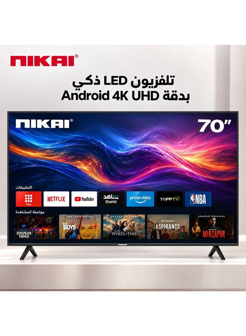 نيكاي تلفزيون LED ذكي مقاس 70 بوصة، تصميم بدون إطار، شبكة Wi-Fi مدمجة، تطبيقات ذكية Shahid، YouTube، Netflix، Amazon، اتصال HDMI وUSB، رباعي النواة، ذاكرة وصول عشوائي 1 جيجابايت، ذاكرة 8 جيجابايت، إيقاف تشغيل تلقائي UHD70SLED فضي/أسود UHD70SLED أسود/ فضي - Image 1