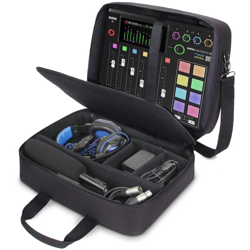 USA Gear حقيبة ميكسر الصوت من USA Gear - حقيبة سفر لميكسر البودكاست مع داخلية مقاومة للخدوش ومساحة تخزين قابلة للتخصيص - متوافقة مع RODECaster Pro و RODECaster Pro II و RC Duo والمزيد من معدات الصوت (أسود) - Image 1