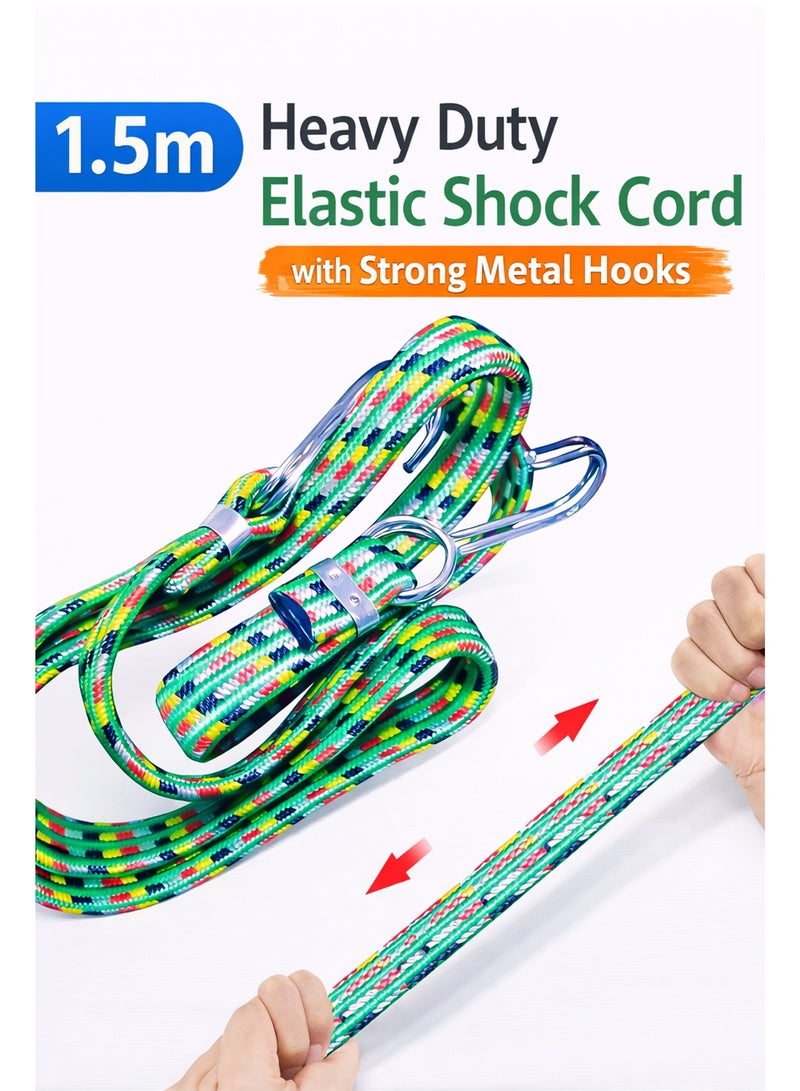 1.5m Heavy Duty Bungee Stretch Cord with Hooks – Elastic Shock Cord for Luggage, Camping Gear, Bike Cargo & Outdoor Use (Green, 1 Pc) - Image 1