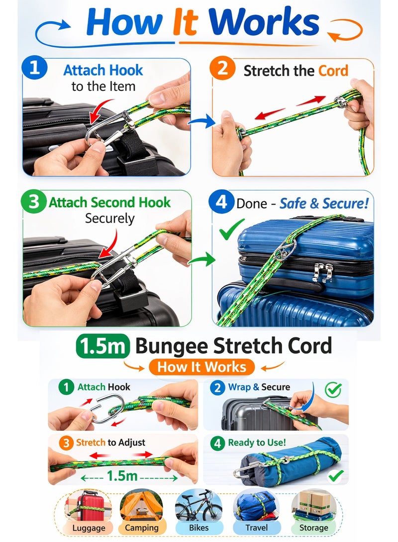 1.5m Heavy Duty Bungee Stretch Cord with Hooks – Elastic Shock Cord for Luggage, Camping Gear, Bike Cargo & Outdoor Use (Green, 1 Pc) - Image 2