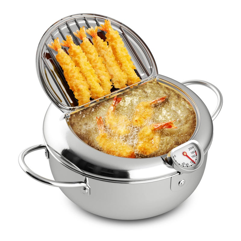 Houseables Mini Deep Fryer Stove Top Deep Fryer with Basket Japanese Frying Pot Frying Pot Fry Pots Mini Fryers wLid Temperature Gauge Small Baby Tempura Stainless Steel 36 Quarts 32L