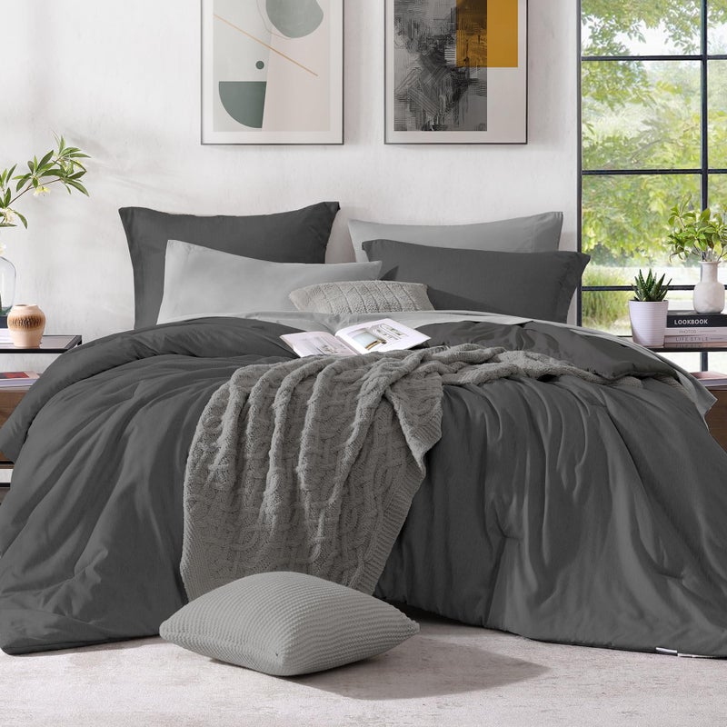 Monbix Queen Comforter Set 7 Pieces Cationic Dyeing Dark Grey Bed in a Bag Queen Bedding Sets with Comforter Sheets Pillowcases Shams Reversible Bedding Comforters Sets