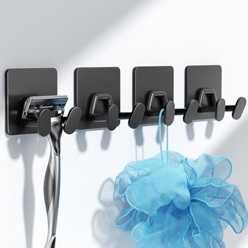 susswiff Adhesive Shower Hooks for Inside - Extra Sticky Stainless, Razor Holder Shower Accessories, Wall Mounted Self-Adhesive Double Hooks for Razor, Loofah, Towel, Shaver, Coat, Key, Matt Black, 4-Pack - Image 1