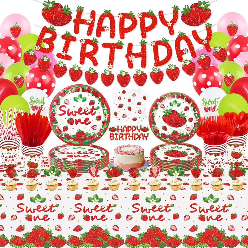 LKITMIUT Strawberry Birthday Party Supplies 243 Count Pack  Plates Cups Tablecloths Balloons Napkins Cutlery Banners Toppers Ribbons Serves 20