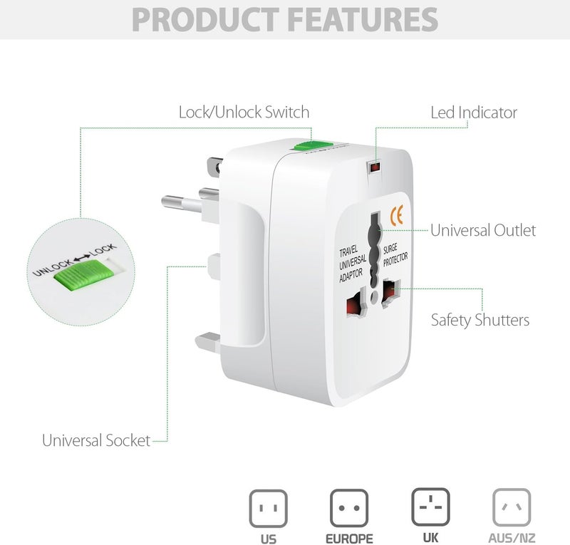 GIGAWATTS Universal Travel Adapter All in One Portable Multipurpose and Multi Type Worldwide Power Outlet for International Travelling Compatible in 150+ Countries (Pack of 1, White) - Image 2
