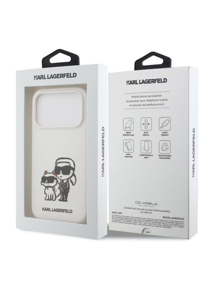 كارل لاغرفيلد جراب كارل لاغرفيلد السائل المصنوع من السيليكون مع رسومات كارل وشوبيت لجهاز آيفون 17 بروماكس، حماية من السقوط، تصميم رفيع، سهل التركيب، تغليف مستدام، قبضة مريحة، تصميم خفيف الوزن - أبيض - Image 5