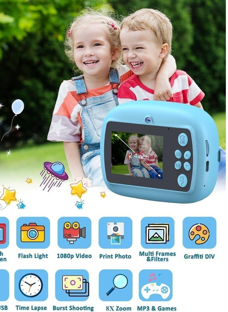 Instant Print Camera for Kids 1080P HD Digital Camera with Thermal Printing, 3 Paper Rolls, 5 Color Pens, USB Rechargeable, Blue - Image 2