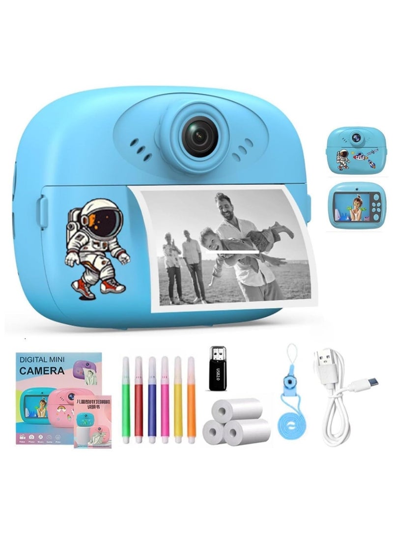 Instant Print Camera for Kids 1080P HD Digital Camera with Thermal Printing, 3 Paper Rolls, 5 Color Pens, USB Rechargeable, Blue - Image 1