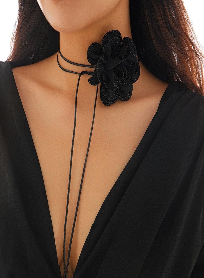 Rotaiboes Luxury Rhinestone Big Rose Flower Choker Necklace Black Adjustable Rope Clavicle Chain Neck Summer Statement Collar Choker Necklace for Women - Image 3