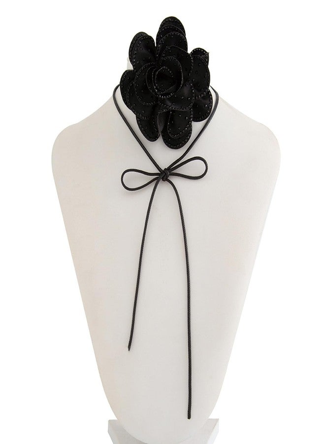 Rotaiboes Luxury Rhinestone Big Rose Flower Choker Necklace Black Adjustable Rope Clavicle Chain Neck Summer Statement Collar Choker Necklace for Women - Image 5