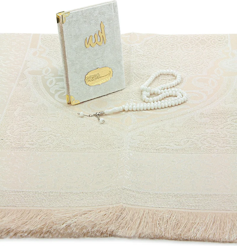 İhvan Ihvan Velvet Covered Yasin Sharif Book Prayer Rug Set White