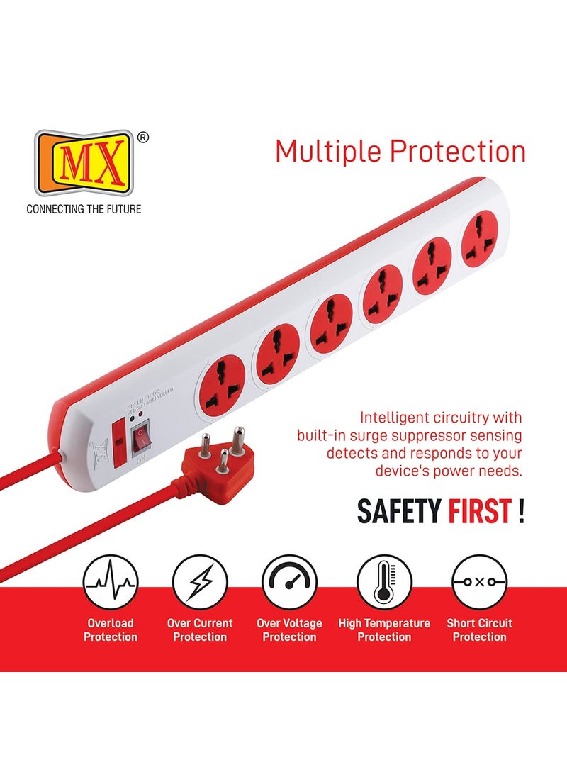 MX MX 6 Way Outlet Power Strip with Universal Socket Master Switch Fuse LED Indicator Spike Guard Extension Board Auto detect Wire Connection 15 Meter  - Image 4