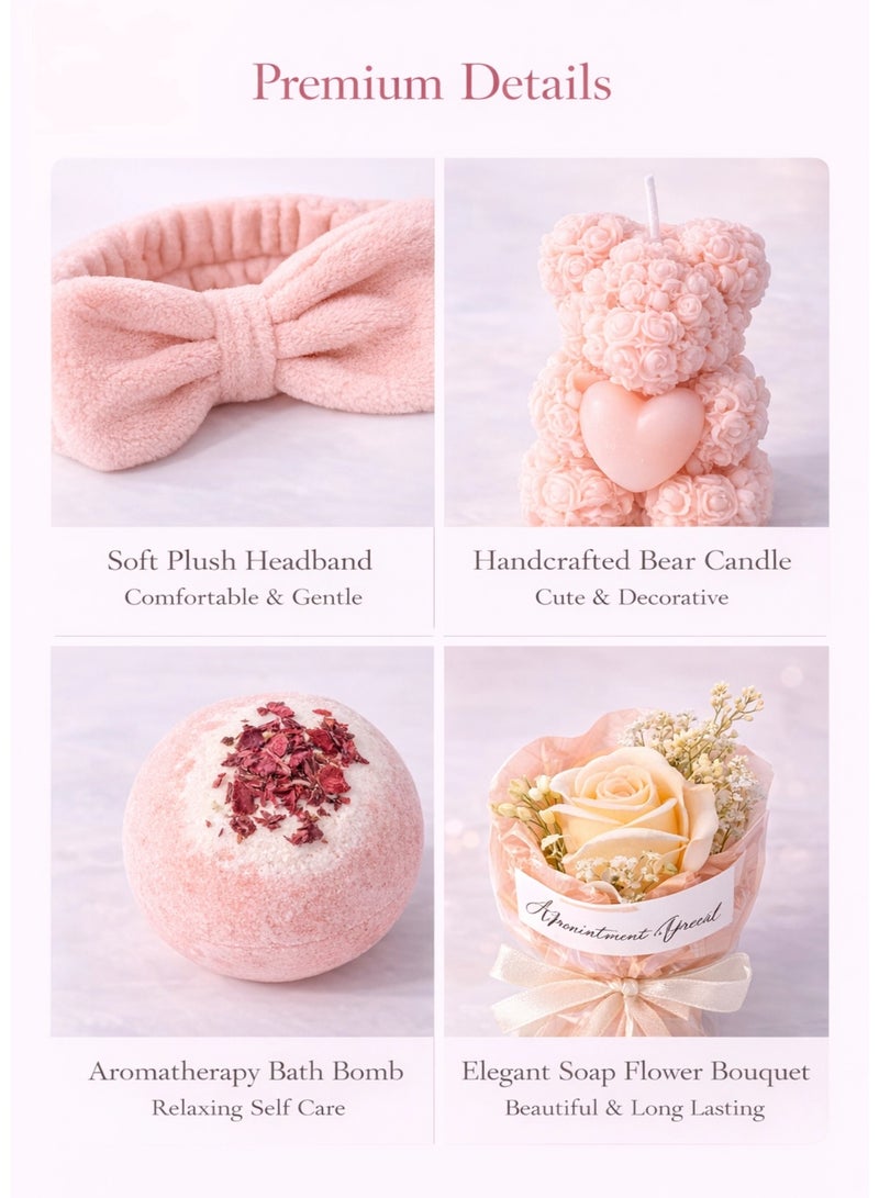 XIANGYA Birthday Gift for Ladies, Gift for Her – Self Care Spa Gift Box Set with Headband, Bath Bomb, Rose Bear Candle & Soap Flower, Ready to Gift Luxury Birthday Gift for Girlfriend, Wife, Mom - Image 4
