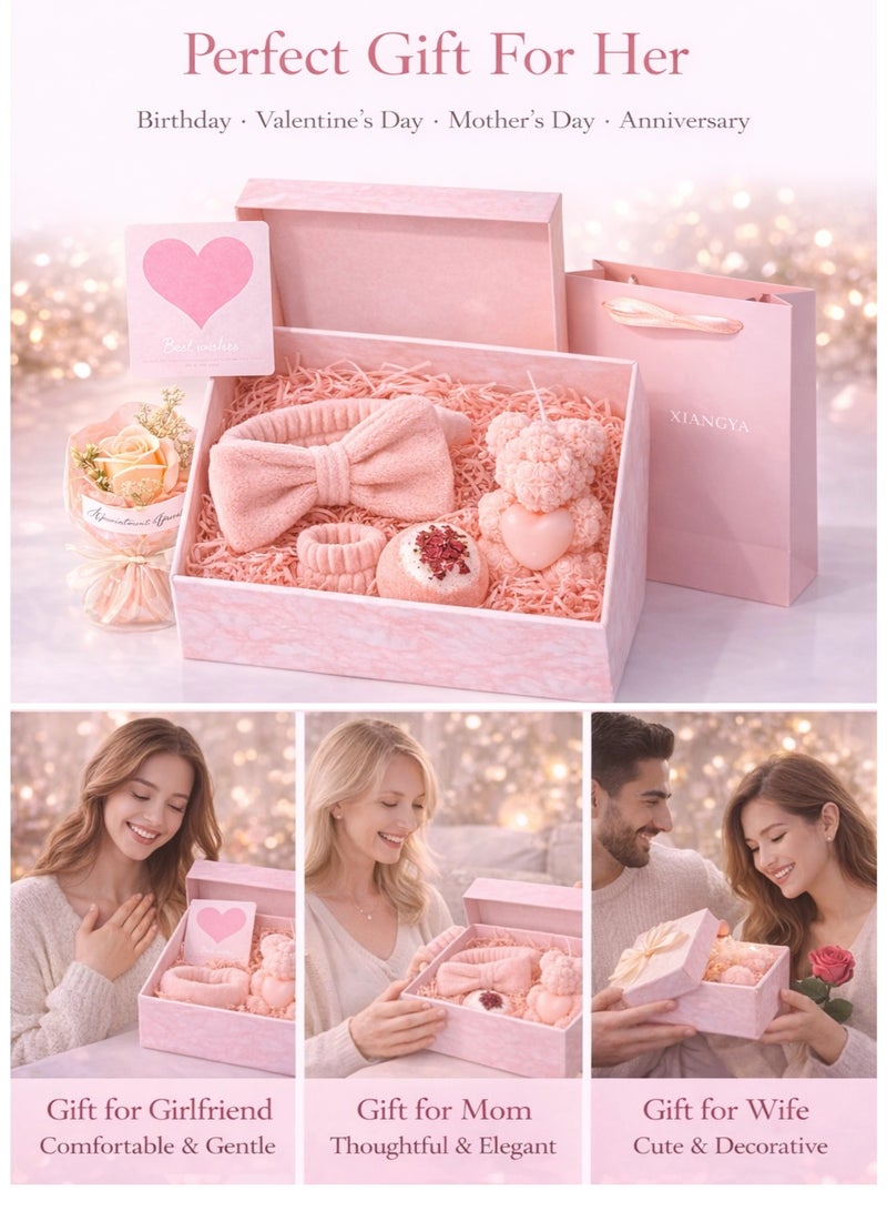 XIANGYA Birthday Gift for Ladies, Gift for Her – Self Care Spa Gift Box Set with Headband, Bath Bomb, Rose Bear Candle & Soap Flower, Ready to Gift Luxury Birthday Gift for Girlfriend, Wife, Mom - Image 5