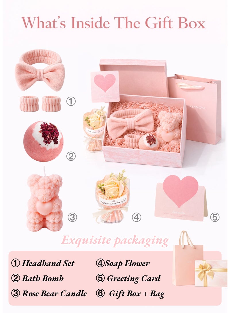 XIANGYA Birthday Gift for Ladies, Gift for Her – Self Care Spa Gift Box Set with Headband, Bath Bomb, Rose Bear Candle & Soap Flower, Ready to Gift Luxury Birthday Gift for Girlfriend, Wife, Mom - Image 2