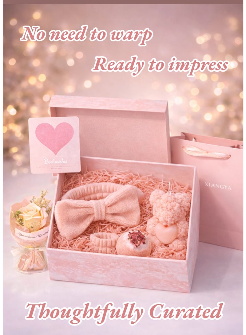 XIANGYA Birthday Gift for Ladies, Gift for Her – Self Care Spa Gift Box Set with Headband, Bath Bomb, Rose Bear Candle & Soap Flower, Ready to Gift Luxury Birthday Gift for Girlfriend, Wife, Mom - Image 3